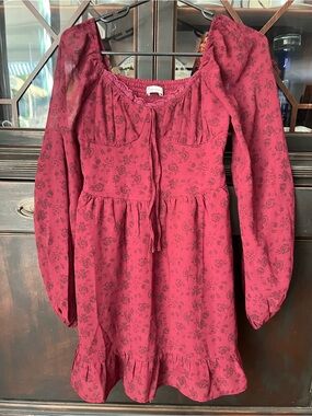 Hollister Floral Burgundy Long-Sleeve Dress - Size XS